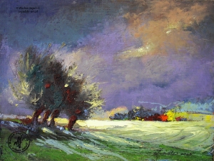 "Wiosna z wierzbami" 21 cm x 29 cm olej 2023