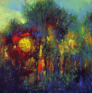 "W gęstwinie leśnej" 23 cm x 23 cm olej 2025