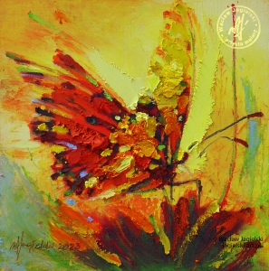 "Z myślą o czerwonym kwiecie hibiskusa" 
23 cm x 23 cm olej 2023 