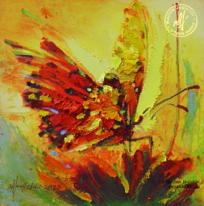 "Z myślą o czerwonym kwiecie hibiskusa" 
23 cm x 23 cm olej 2023 