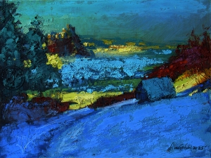 "Zimowe łazęgowanie" 
17 cm x 29 cm olej 2025