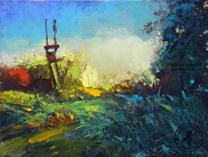 "Drogowskaz z widokiem na chmury"
16 cm x 21 cm olej 2024